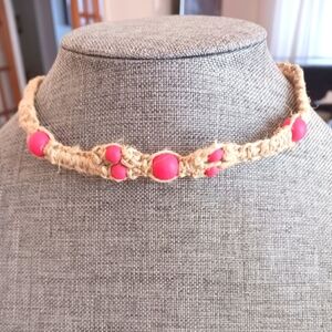 Macrame Hemp Choker w/ Pink Wooden Beads - New Item (up to 16")